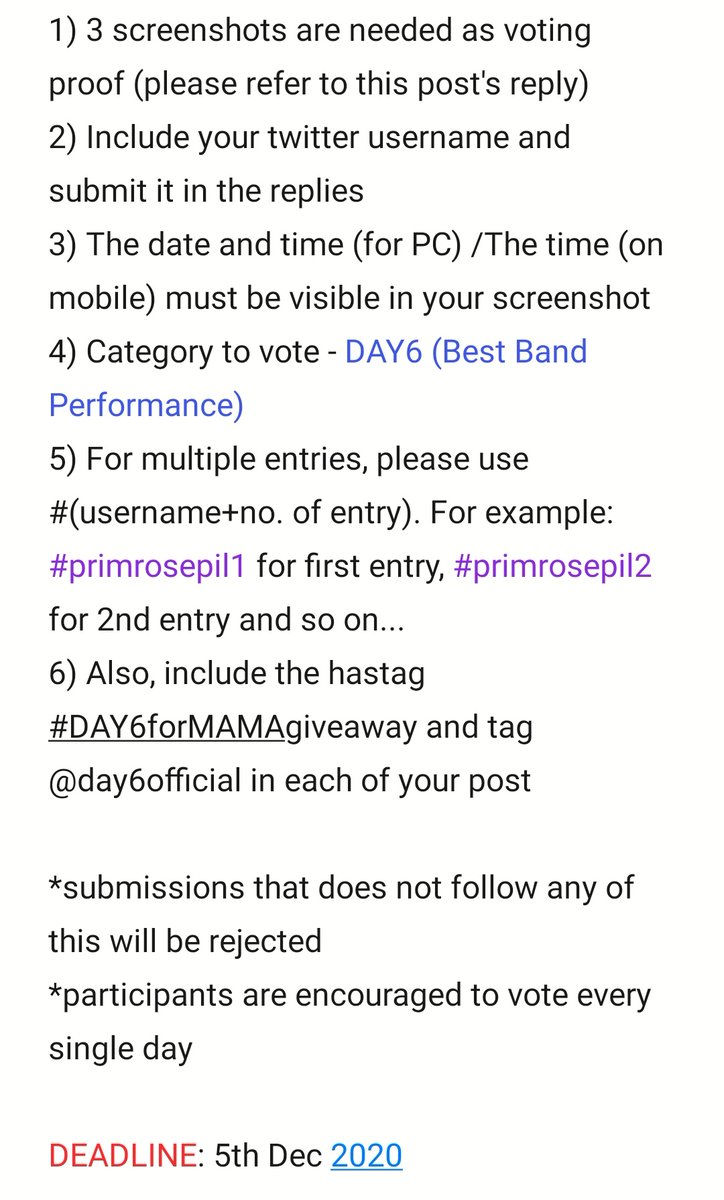 ANY ALBUM GIVEAWAYOur mission is to increase DAY6's winning chance in the Best Band Performance categoryOpened to all fandomsMalaysians only2 winnersWinners can choose any album <RM100Multiple entries acceptedRules are in the 2nd pic