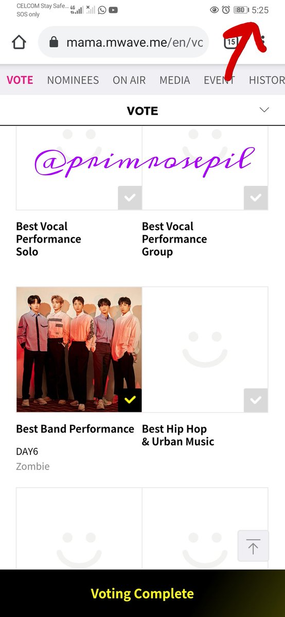 Proof must include screenshots of:- choice: DAY6 (Best Band Performance)- code for submitting vote- 'Voting complete' statement*make sure to not crop the time*pls include twt username in each pics