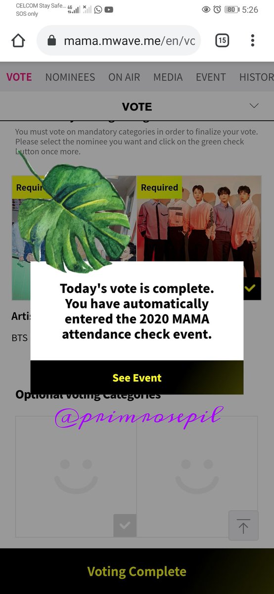 Proof must include screenshots of:- choice: DAY6 (Best Band Performance)- code for submitting vote- 'Voting complete' statement*make sure to not crop the time*pls include twt username in each pics