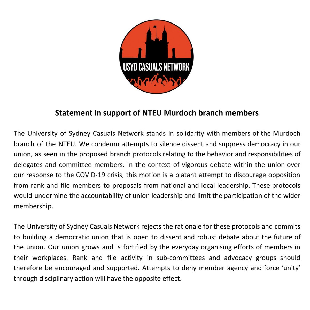 A strong union is one that fosters open debate and democratic processes. <a href="/CasualsUsyd/">USyd Casuals Network</a> stand in solidarity with members of the Murdoch branch of the NTEU and condemn attempts to silence dissent and suppress democracy in our union. Sign the petition here: docs.google.com/.../1FAIpQLSfa…