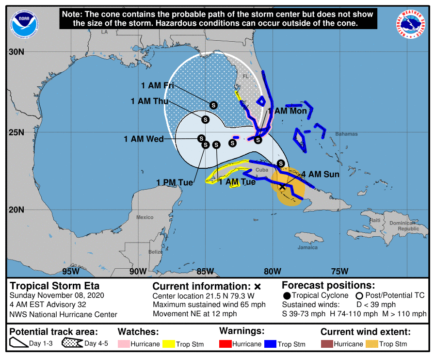 NWSWPC's tweet photo. [As of 4am EST] T.S. Eta is making landfall along the  south-central coast of Cuba.  Below is the latest track and storm total precipitation; portions of central and southern Florida peninsula, including the Keys: 6 to 12 inches of rain, isolated maximum totals of 18 inches. https://t.co/Z8bT20NqtE