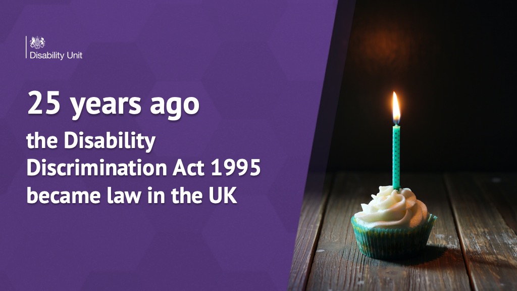 DisabilityGovUK's tweet image. #OnThisDay in 1995 the Disability Discrimination Act became law in the UK.
For the first time, disabled people were protected at work and in getting goods and services.
The Act went on to become part the Equality Act 2010 in England, Scotland and Wales