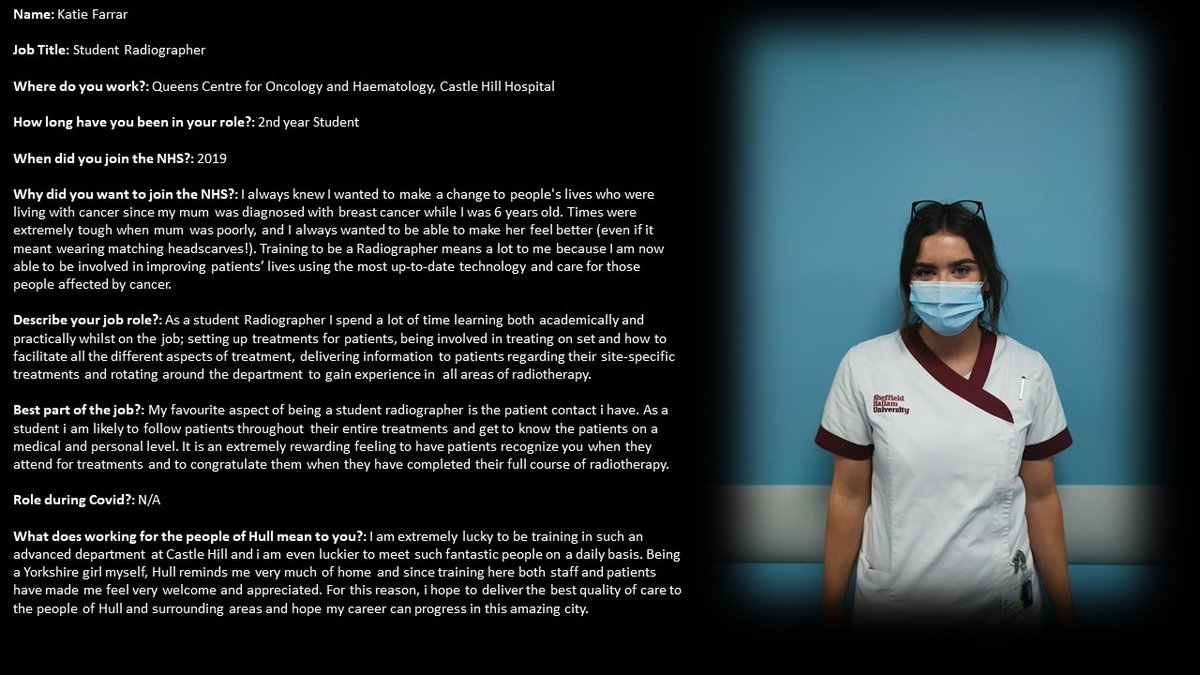 HUTHRT1's tweet photo. Katie tells us about her radiotherapy career. #WRD2020 #myradcolleague @HullHospitals @SCoRMembers
 Thankyou Katie for all your hard work👏🏥 https://t.co/iLcZdUuGTz