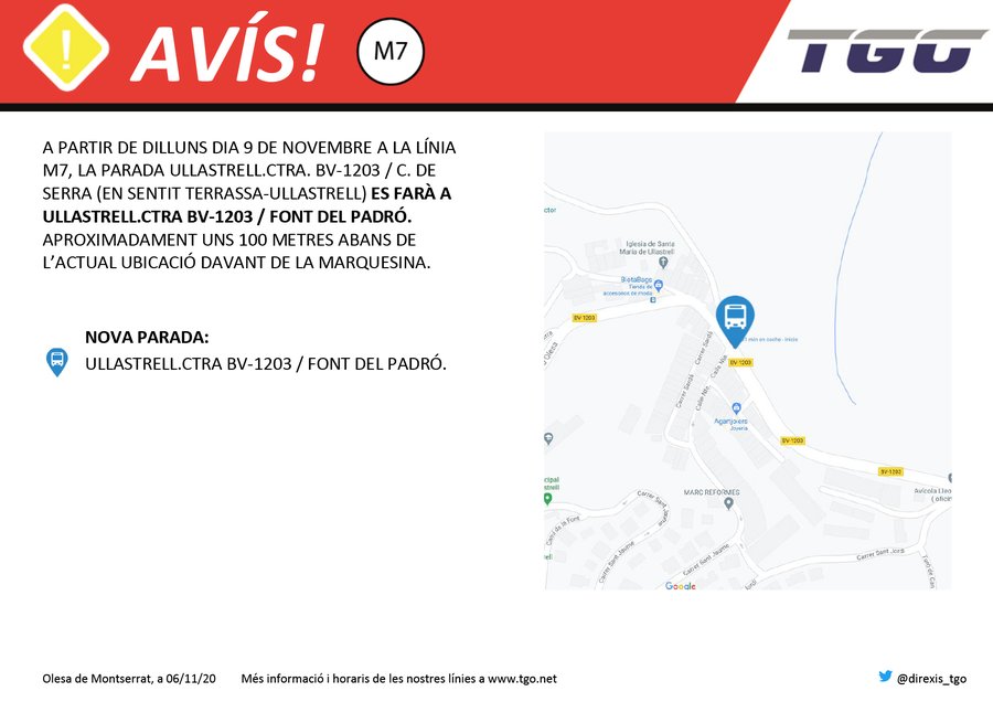 ajullastrell's tweet photo. ⚠️ A partir de demà dilluns 9 de novembre la primera parada en casc urbà de retorn de #Terrassa de la línia #M7 modifica la seva ubicació i ara pararà a la Font del Padró. https://t.co/EJQHSKujkI