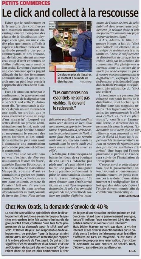NewOxatisFr's tweet photo. La Provence parle du Click&amp;Collect qui permet aux commerçants de garder le contact avec leurs clients et d'enregistrer des commandes. Chez New Oxatis, la demande progresse fortement pour ce canal. Plus que jamais, nous sommes à vos côtés. 
#ecommerce4good #clickandcollect https://t.co/jAmUhZGXRI