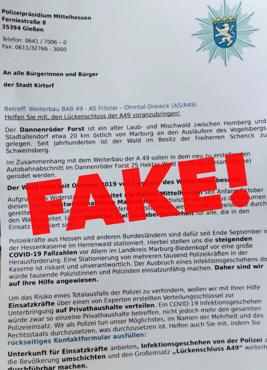 Polizei_MH's tweet photo. Dieses Schreiben stammt nicht von uns! 
#FakeNews #Dannenroeder #A49 #DannenroederForst https://t.co/xlSWlW6jQa