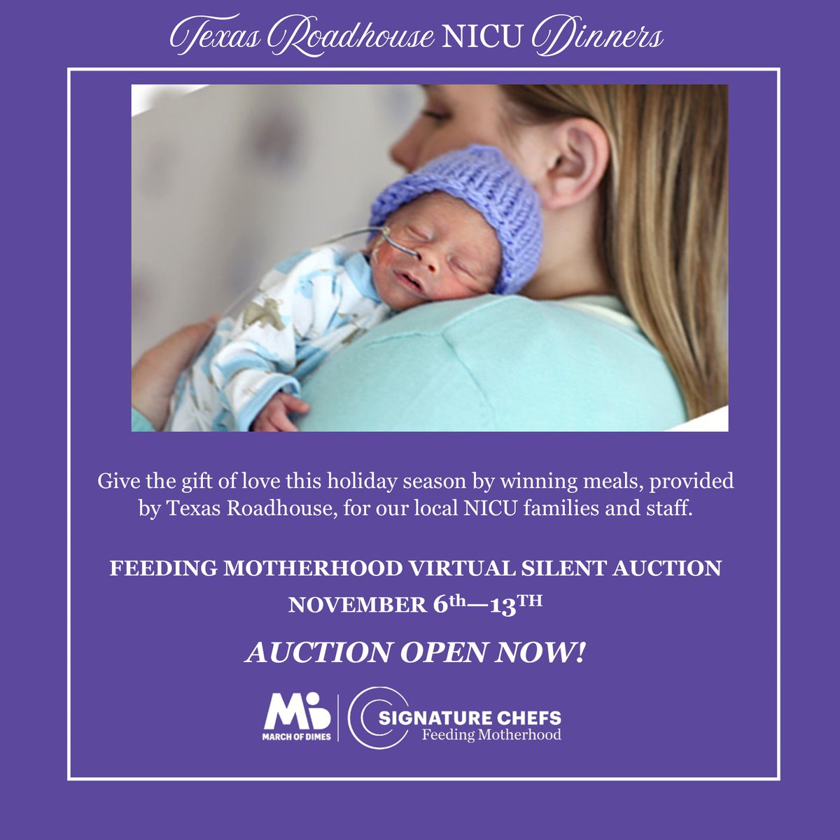 Don't forget to continue bidding on your favorite packages like the <a href="/texasroadhouse/">Texas Roadhouse</a>  NICU Dinners in our Louisville Signature Chefs Online Auction. Visit louisville2020.ggo.bid and get your bids in now to support our incredible NICU families and our local healthcare heroes!