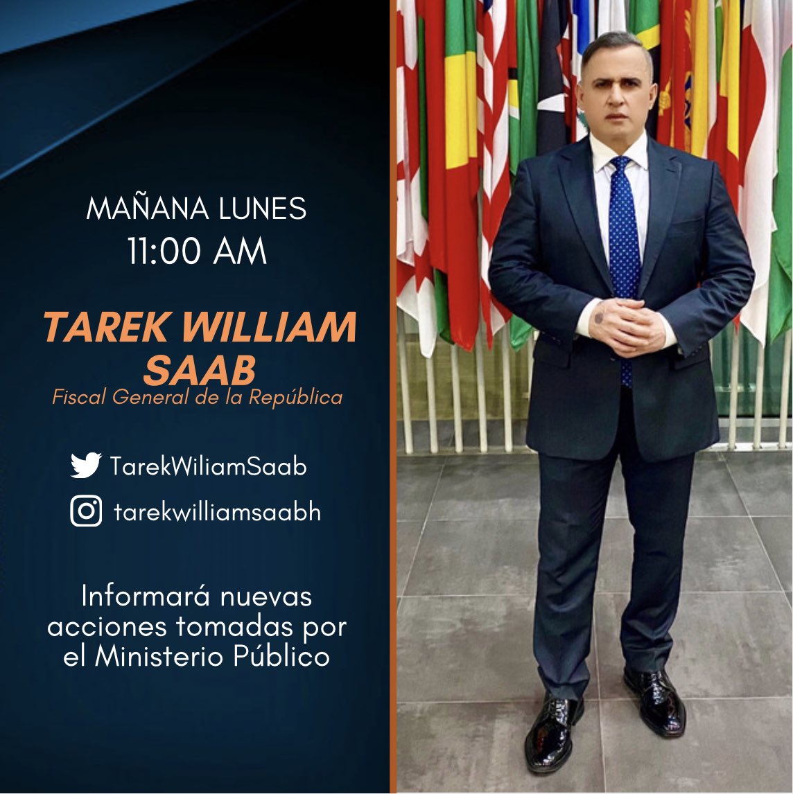 El Fiscal General de la República <a href="/TarekWiliamSaab/">Tarek William Saab</a> ofrecerá información ante los medios de comunicación, mañana #Lunes #9Nov