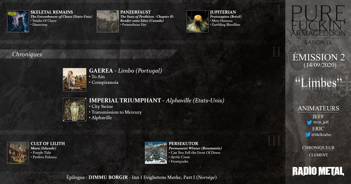 rm_jeff's tweet photo. #RMPFA S09E02 - Emission diffusée le 14 septembre 2020.
🗣️ Chroniques d’Imperial Triumphant et @gaerea_official
🎶 Dans la playlist : @CultofLilith, Jupiterian, Panzerfaust, Persekutor, Skeletal Remains, et @dimmuborgir
👉https://t.co/gOe3Y89LMJ https://t.co/tPjWHmw2FS