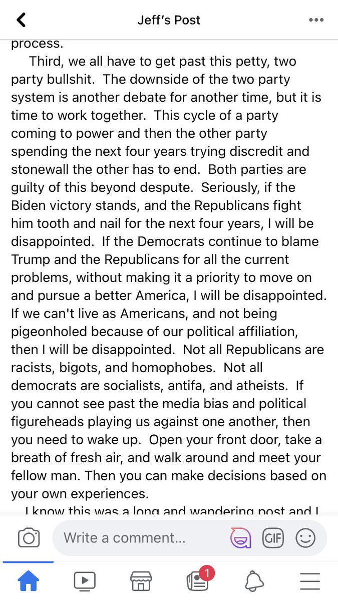 Stole this from a FB friend but I think it’s a great point. It’s time for us to set aside our political affiliations, accept the fact that Biden is president, and work together to make this country a better place.