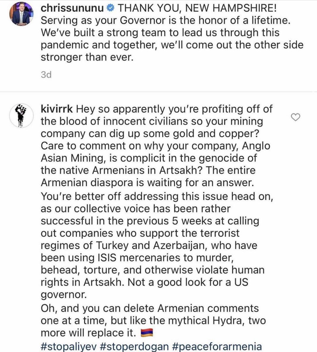 HaroutNaz's tweet photo. @ChrisSununu Congrats! So why are you and your family supporting a direct violation of ALL human rights happening in Nagorno-Karabakh (Artsakh) by Azerbaijan right now? Search #PeaceforArtsakh #StopAliyev for yourself for facts folks. @DanFeltesNH your attention and action requested https://t.co/jtXFDWVOK2