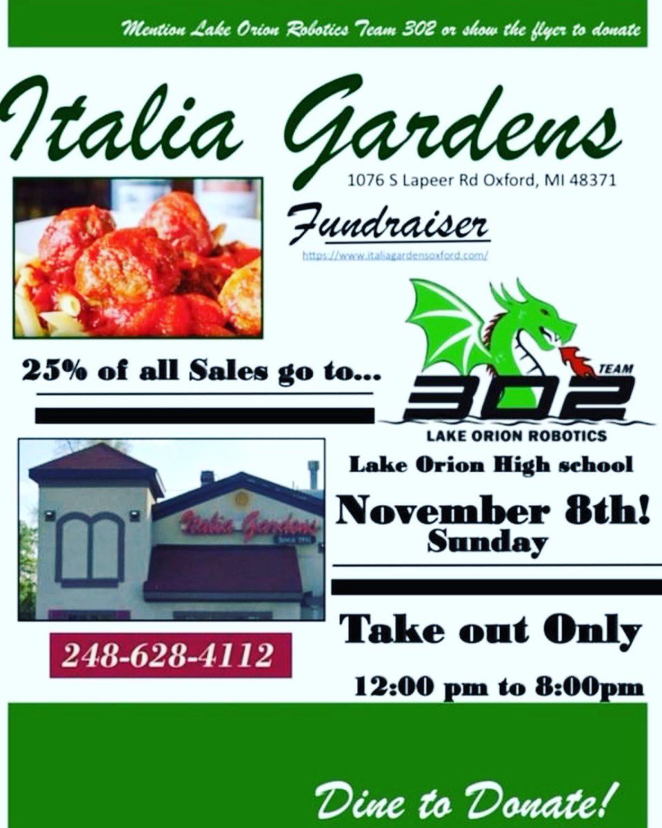 FIRST Team 302 (@firstteam302) on Twitter photo Today is the day! Order takeout from Italia Gardens in Oxford and mention Team 302 to help out our High School Robotics team! <a href="/LkOrionSchools/">Lake Orion Community Schools</a> <a href="/LkOrionHS/">Lake Orion High School</a> Today is the day! Order takeout from Italia Gardens in Oxford and mention Team 302 to help out our High School Robotics team! <a href="/LkOrionSchools/">Lake Orion Community Schools</a> <a href="/LkOrionHS/">Lake Orion High School</a>