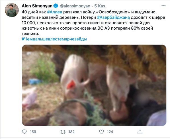 hbrinfobe's tweet photo. Le Vice-président de l'assemblée nationale de la République d'#Arménie @alensimonyan publie une photo d'un soldat azerbaïdjanais mangé par des porcs. Voyez le niveau de cruauté ! https://t.co/izsEBMTvgS