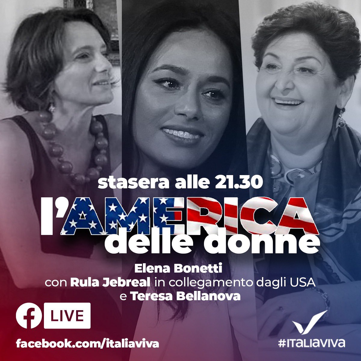 Vi aspetto questa sera in diretta con <a href="/rulajebreal/">Rula Jebreal</a>, <a href="/TeresaBellanova/">Teresa Bellanova</a> e la comunità di <a href="/ItaliaViva/">Italia Viva</a> su Facebook alle 21.30! 

#LAmericadelledonne #KamalaHarris #pariopportunità
