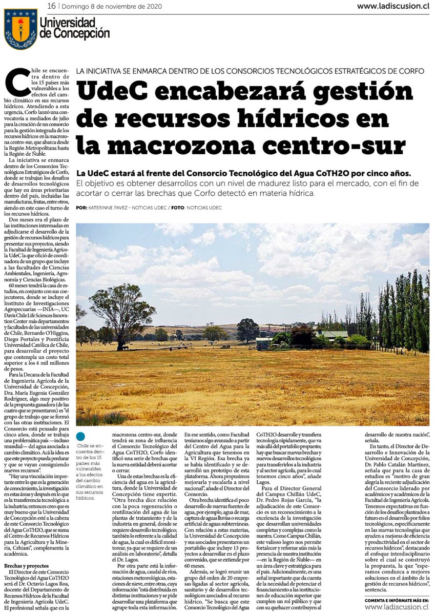 #Medios <a href="/ladiscusioncl/">La Discusión</a> UdeC encabezará gestión de recursos hídricos en la macrozona centro-sur #CienciaUdeC "Tenemos expectativas en función de los desafíos planteados a futuro en el desarrollo por folios tecnológicos", Dr. Pablo Catalán ladiscusion.cl/udec-encabezar…