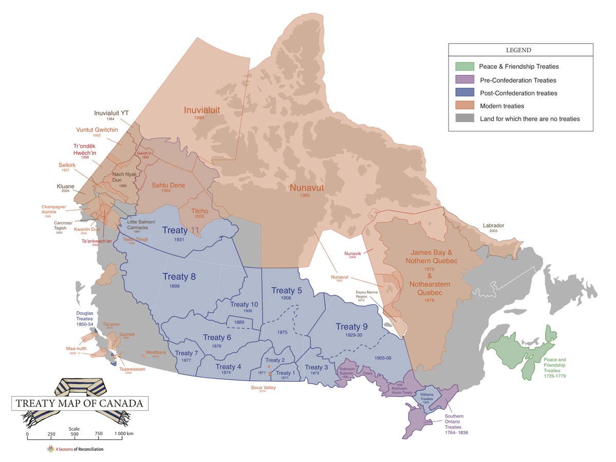 1) This variation map overview of the  #treaties has some nice changes from the usual presentation. The colour coding groups them better, so that you can see at a glance (for example) why Treaty 1 is not actually the first treaty but rather the first post-Confed treaty. (thread)