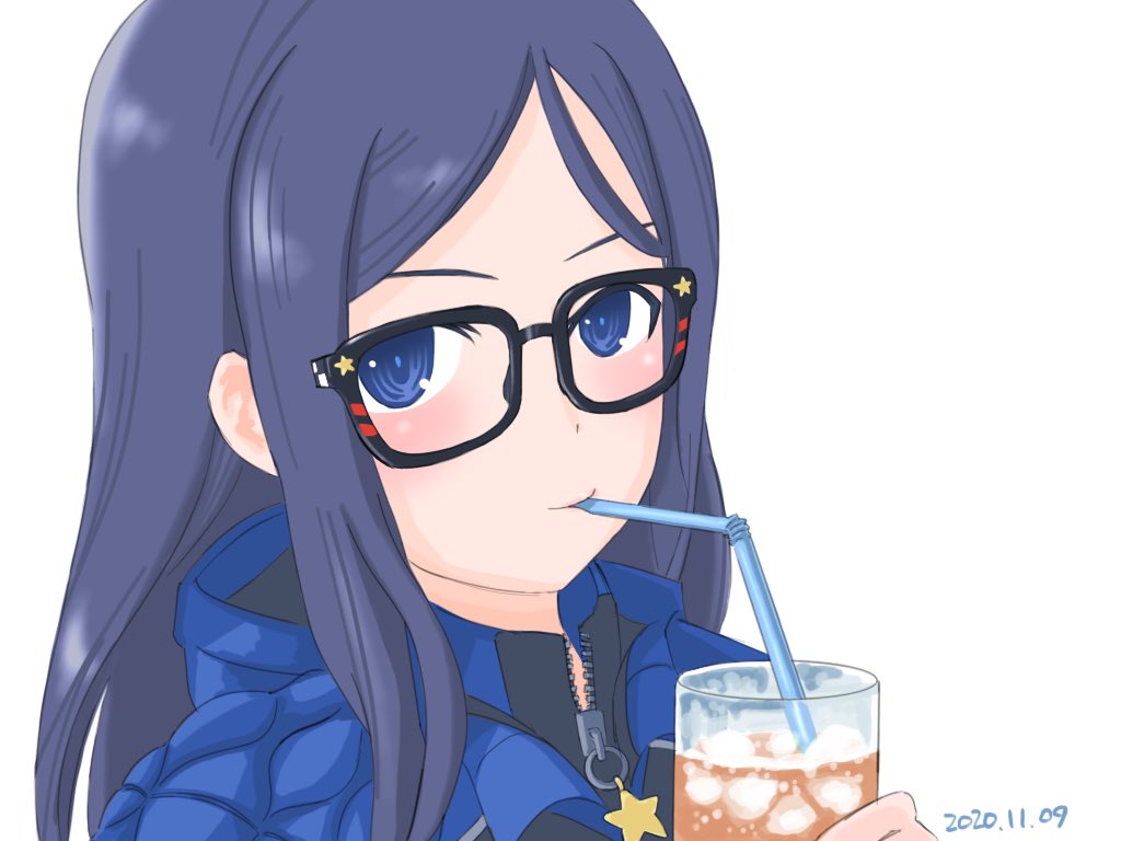 1girl blue eyes glasses solo drinking straw long hair looking at viewer  illustration images
