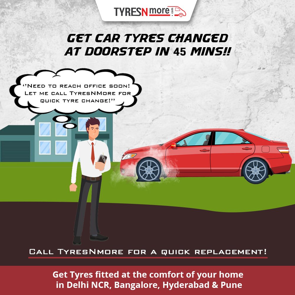 TyresnmoreIndia's tweet image. When in a tyre dilemma, just call TyresNmore! Our expert crew will arrive at your doorstep and replace your tyres in 45 mins! Simply call us at 9212751275 or book online on tyresnmore.com
 #TyresNmore #doorstepfitment #quickreplacement #pune #banglore #hyderabad #Delhi
