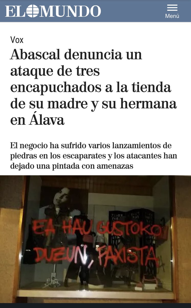 ivanedlm's tweet photo. Por cierto, no me digáis que no es ‘peculiar’ la forma de titular la noticia...

El titular no dice “atacan la tienda de Abascal”, sino “Abascal denuncia un ataque...” https://t.co/zIsAb71da0