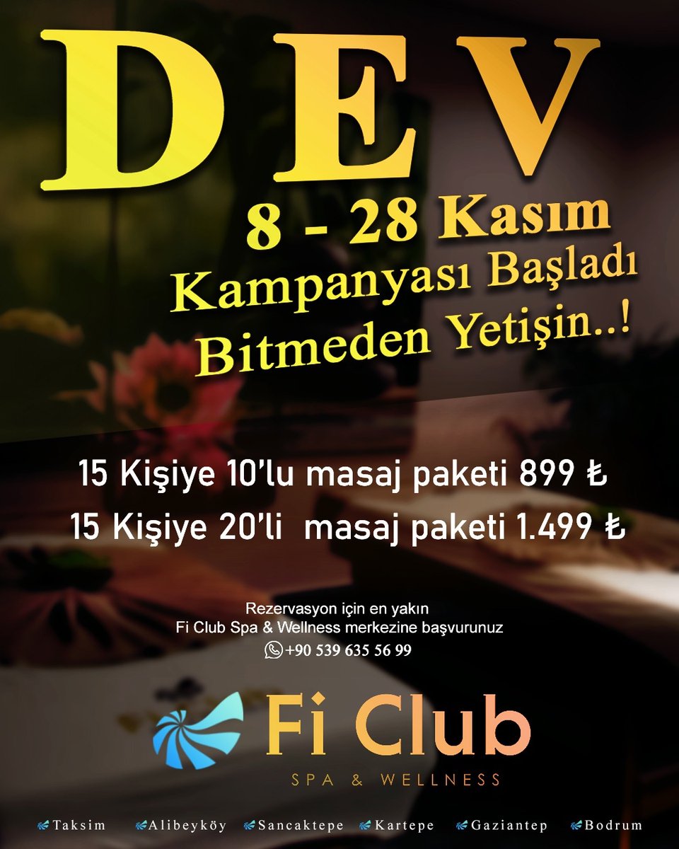 DEV 8 - 28 Kasım Kampanyası Başladı. Bitmeden Yetişin! ...🎁

🔗 Web Site:  ficlubspa.com

📞 İletişim + 💬 WhatsApp: 0539 635 5699

📌 Şubeler: bit.ly/2U2o4F0

#Fi #FiClub #FiClubSpa #KendineBirİyilikYap #Spa #Masaj #Massege #Sauna #Buhar #Hamam #TürkHamam