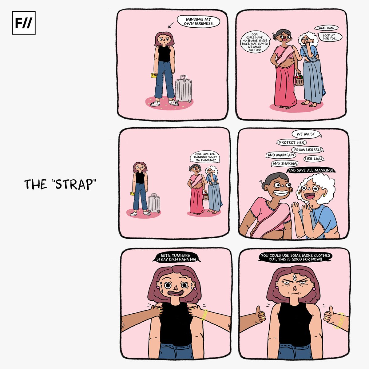 FeminismInIndia's tweet photo. We continue to mind our business and the bra-strap continues to irk many. And when people take it upon themselves to fix the 'predicament', what do you do? Tell us know in the comments below!
Illustration by: Shreya Tingal (@ShreyaTingal) https://t.co/JU3W3JvihH