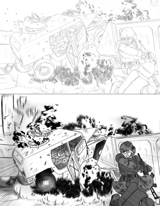 『イコノクラスム』下描きと完成コマ
なんか下描きの方がまだ迫力があるような気が? 