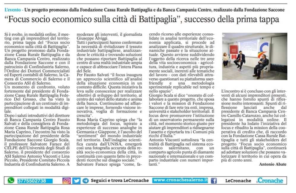 fcrbattipaglia's tweet photo. Grazie alla redazione de "LE Cronache" per l'articolo sul nostro #focussocioeconomico. Articolo di @Totonnix94, presidente @Bcc_KairosGS di @bancacampaniac 
@ConfindustriaSa #CELPE dell'@UniSalerno #consorzioasisalerno https://t.co/gWEYTEiOUn