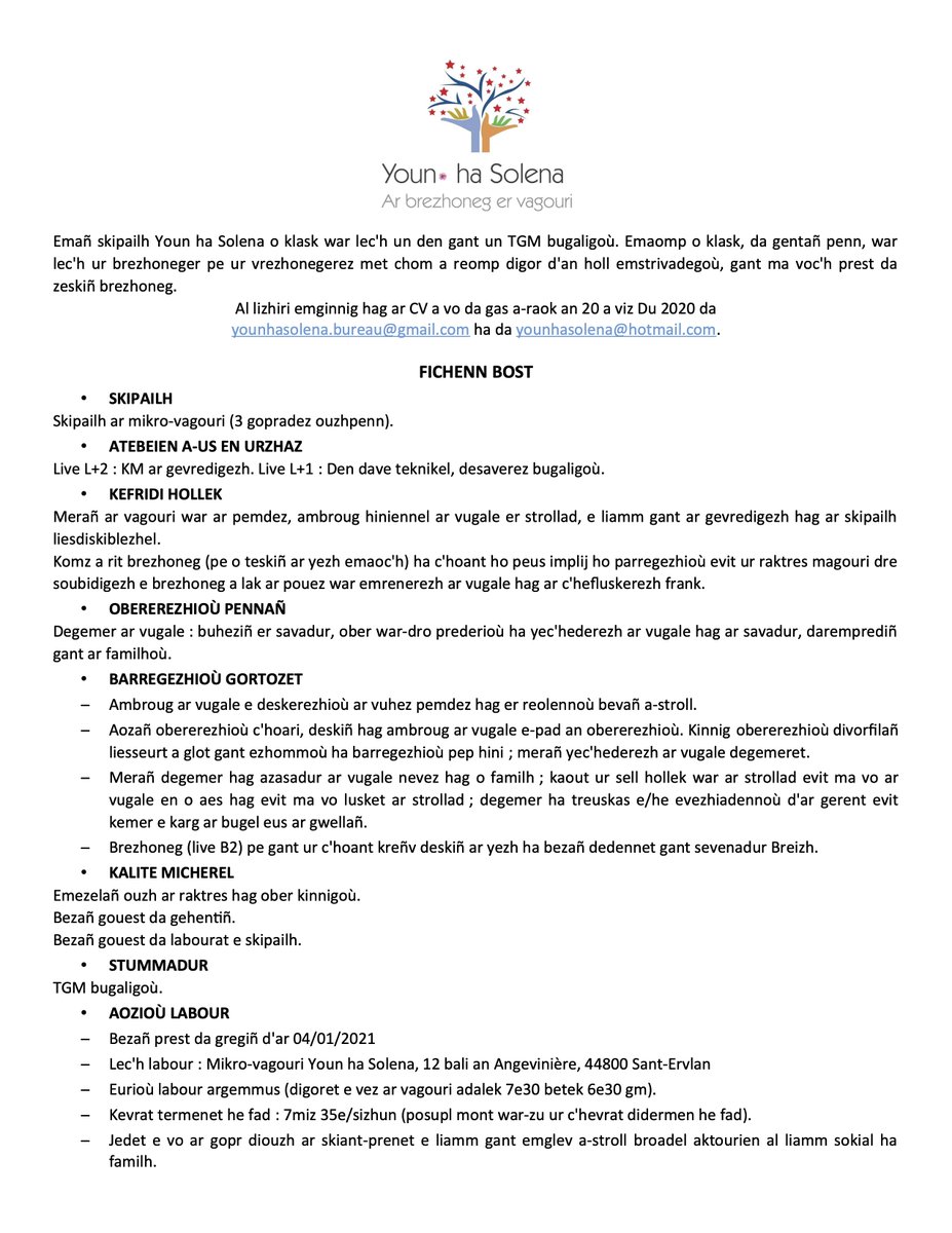 KINNIG LABOUR / OFFRE D'EMPLOI

Skipailh mikro-magouri Youn ha Solena e #SantErvlan a glask war lec'h ur skoazeller·ez bugaligoù !

La micro-crèche Youn ha Solena à #SaintHerblain recherche un·e auxiliaire petite enfance !

#BZHG #Magouri #Crèche #Brezhoneg #Naoned #Nantes #BZH