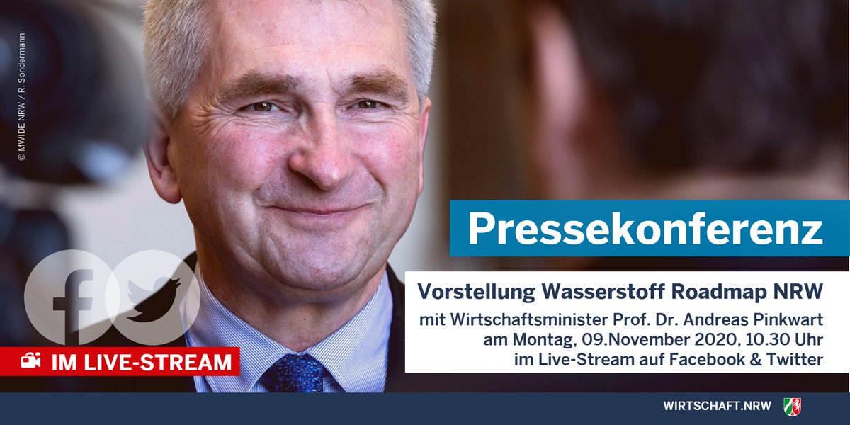 WirtschaftNRW's tweet photo. Noch 1⃣ Tag, dann ist es soweit: Min. @a_pinkwart stellt morgen die #Wasserstoff Roadmap #NRW vor. 
▶️die Pressekonferenz ab 10.30 Uhr LIVE auf Facebook &amp; Twitter 
▶️das große Event zur Vorstellung der #H2Roadmap ab 12.00 Uhr LIVE. Jetzt noch registrieren: https://t.co/z1opBwdHeJ https://t.co/BA1J6j5Ydj