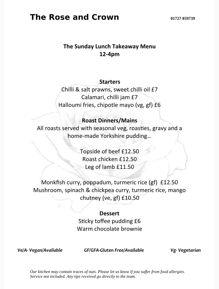 Sunday takeaway menu is ON!

Have a look at the menu here and then message our FB page (Rose and Crown Pub Sandridge Village) to place an order and we will respond to confirm a collection time!
See? Sunday’s can still be full of joy!