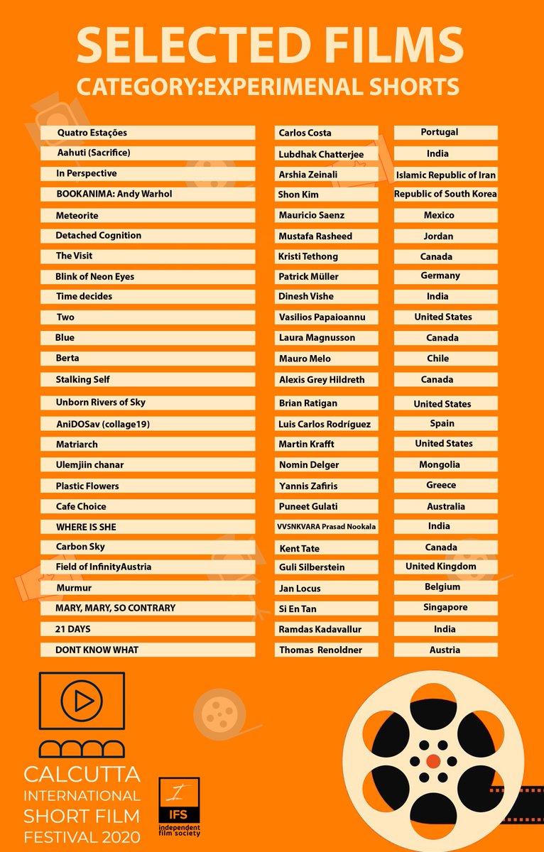 CISHORTFF's tweet photo. Here go our #officialselections for Experimental Shorts. #CISFF2020. Congratulations to all. https://t.co/G4GGApjhsb