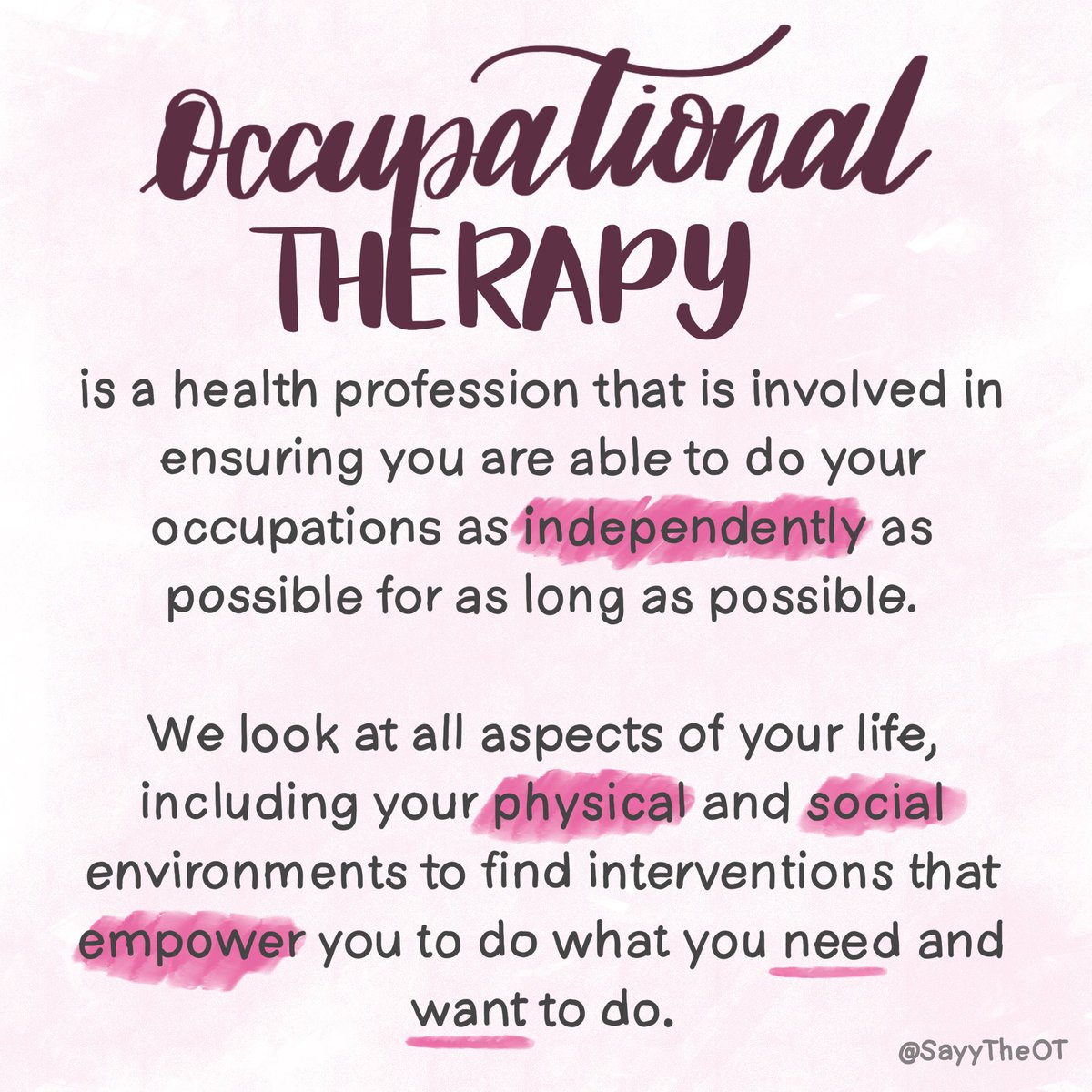 Understanding Occupational Therapy can sometimes be hard, but it doesn’t have to be. Here is a graphic I created in honor of #OTweek2020 explaining occupations and what we do ☺️

#ChooseOT #HillingdonOTs #OT365
