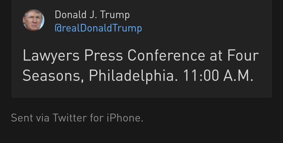 Le correctif du  @FSPhiladelphia ("Pour clarifier, la conférence de presse du président Trump ne se tiendra PAS au Four Seasons Hotel Philadelphia") après les savonnages tweetesques du président bunkérisé.