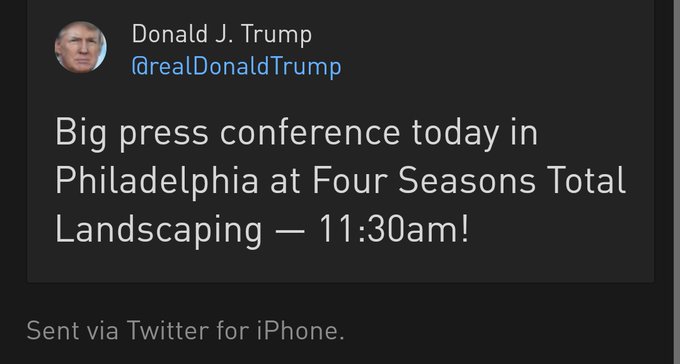 Le correctif du  @FSPhiladelphia ("Pour clarifier, la conférence de presse du président Trump ne se tiendra PAS au Four Seasons Hotel Philadelphia") après les savonnages tweetesques du président bunkérisé.