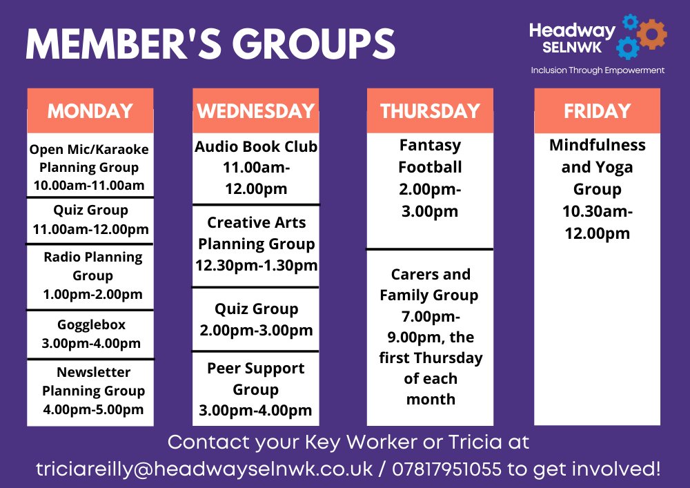 SELNWKHeadway's tweet photo. What’s that coming over the hill? It’s another week of #MembersGroups! Remember to join in with any and all groups you’re a member of, and pop a message to your Key Worker or Tricia at triciareilly@headwayselnwk.co.uk / 07817951055 to join a new one 🙌 #HeadwaySELNWK https://t.co/FvYgZ0IaRY
