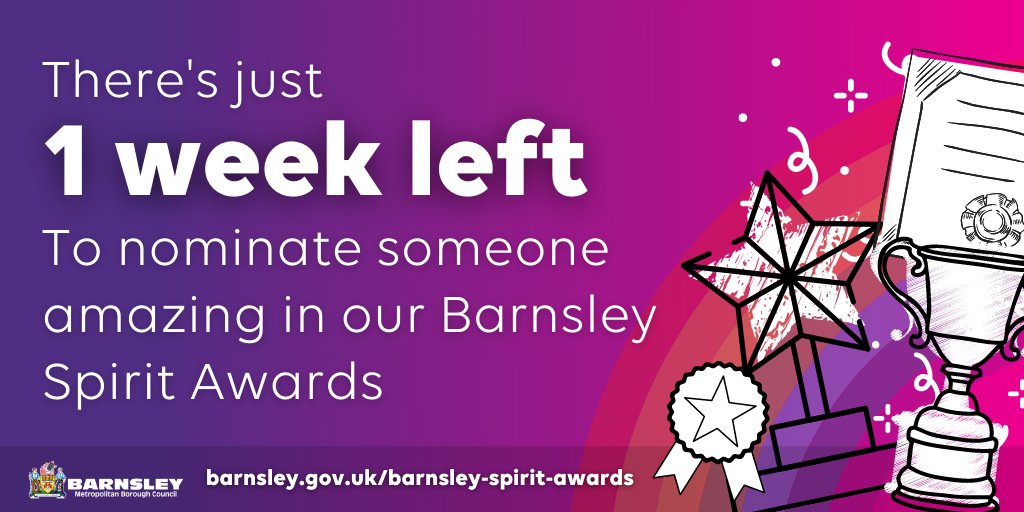 It’s the final week to submit a nomination in the #BarnsleySpiritAwards.  

Find out more about the awards or nominate someone at barnsley.gov.uk/barnsley-spiri…
