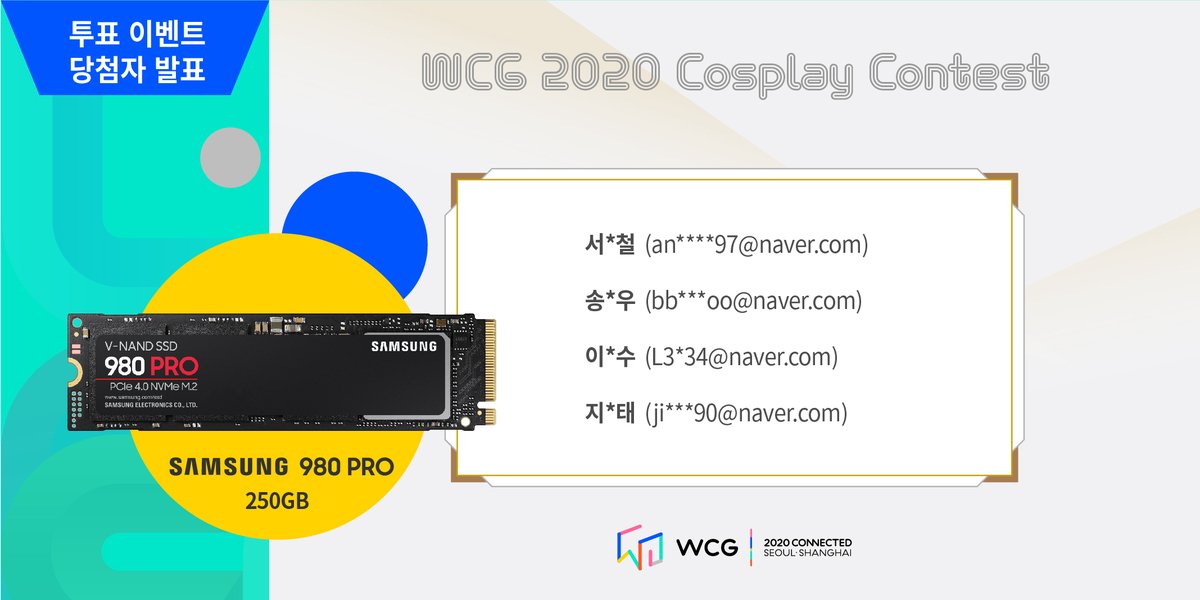 WCG_Contents's tweet photo. #WCG2020 #코스플레이 콘테스트 글로벌 결선 TOP3&amp;투표 참여 온택트 방청단 당첨자 공개! 
Winners of the global #cosplay contest!  

화려한 작품으로 WCG 2020을 빛내주신 글로벌 TOP10 코스어 분들과 공정한 심사를 위해 참여해 주신 모든 온택트 방청단 분들께 감사드립니다. 

#WCGCONNECTED https://t.co/05322CAUBb
