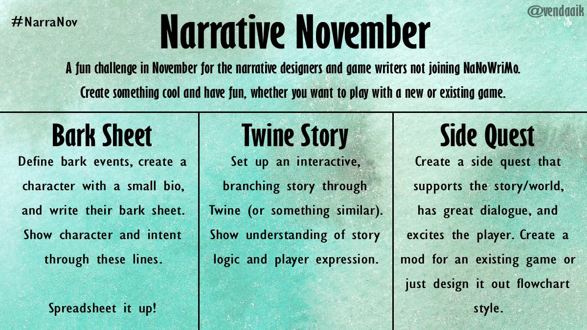 Vendaaik's tweet photo. A fun challenge I'm doing/setting up for November! Obviously there are a lot more options here, but consider this inspiration. Do some cool narrative stuff and show yer progress! #narrativedesign #gamedev #writing #narrativenovember #narranov https://t.co/iXRahlr4VZ
