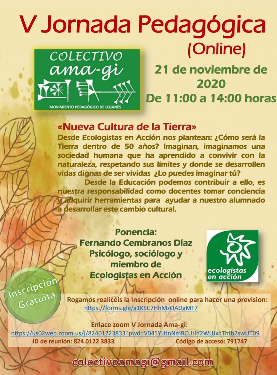 INSCRIPCIÓN GRATUITA. Este año nuestra V Jornada Pedagógica será online. ¡Os esperamos! #educacion #nuevaculturadelatierra #ecologistas