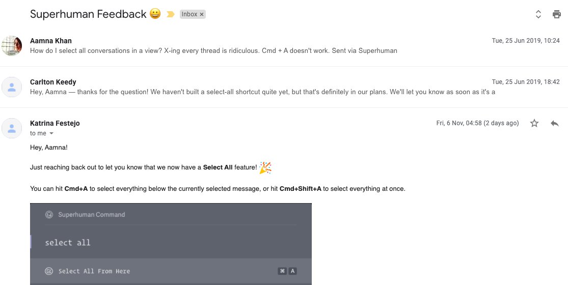 _aamnakhan's tweet photo. Sent some feedback to @Superhuman over a year ago. Got an update on my request yesterday.
Sometimes you can delight by simply caring. #cxgoals https://t.co/Vn3a9O6eGv