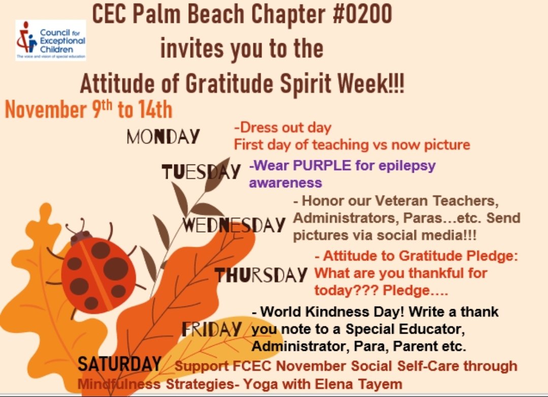 Will you be joining us as we kick off #gratitudeistheattitude spirit week tomorrow by posting a picture of your first year teaching and a picture of you teaching today!? Don't forget to to tag us <a href="/palmbeach0200/">CEC_PalmBeach0200</a> and use the hashtag!! <a href="/LRE4Life/">Jennifer Lesh, PhD</a> <a href="/LEAD4ALL/">Dr. Kareem L. Thompson</a> <a href="/JaquaLewis/">Jaqua Lewis, Ed.D.</a> <a href="/donnamarieott1/">Francis</a>