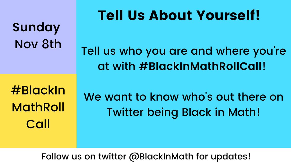 It's officially #BlackInMathWeek!!! Which means it's time for introductions!!! Tell us about who you are and where you're at using the hashtag #BlackInMathRollCall!!! And tag us <a href="/BlackInMath/">Black In Math</a>!