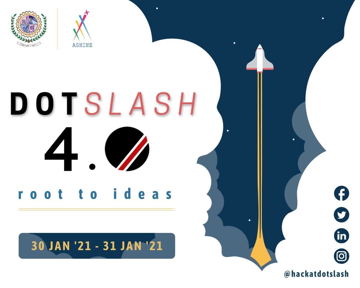hackatdotslash's tweet photo. Hello Everyone!!
         We are glad to announce that we are back with the fourth edition of  "DOTSLASH- root to ideas". The students of NIT Surat with support from Research Park, SVNIT are organising a national level hackathon - "DotSlash: Root to ideas"  (a Thread....) https://t.co/Yaq0J8pVRP