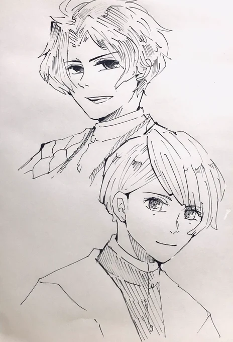 これはご都合血鬼術によりメンズになった蟲さんと恋さん。完全なる私の妄想です?メンズ蟲さんはハキハキ頼りがいのある感じ、メンズ恋さんはおっとり天然でキャーキャー言われるのに気付かないタイプ…まで妄想しました。

酔っ払って描いたので気がついたら修正液がついていました…? 