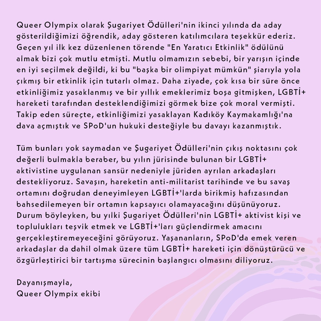 QueerOlympix's tweet photo. Queer Olympix ekibinden 2020 Şugariyet Ödülleri ile ilgili açıklama.

Zincirde (1) Şugariyet Ödülleri jürisinden ayrılan LGBTİ+ aktivistlerinin açıklamalarını, (2) SPoD'un cevabını ve (3) adaylıkları bulunan kişi ve toplulukların açıklamalarının derlendiği haberi bulabilirsiniz. https://t.co/86JDQdluvu