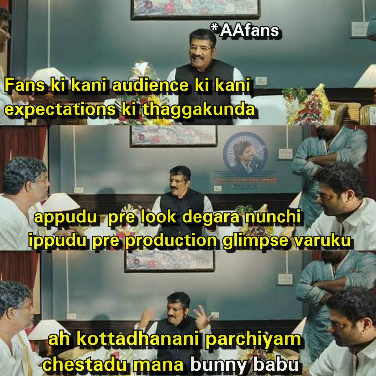 SSAADevotees's tweet photo. 1st pre Look - GonaGannaReddy
1st Pre Rls Event - Sarrainodu 
1st Impact - Naa Peru Surya
1st pre teaser - SOS
Musical Concert - AVPL and now 
"Pre Production GLIMPSE " For his most awaited PAN INDIA Project #Pushpa --> 10AM Tomorrow 

#AAPresentsAHA !! @alluarjun !! https://t.co/DBbkHJdf9z
