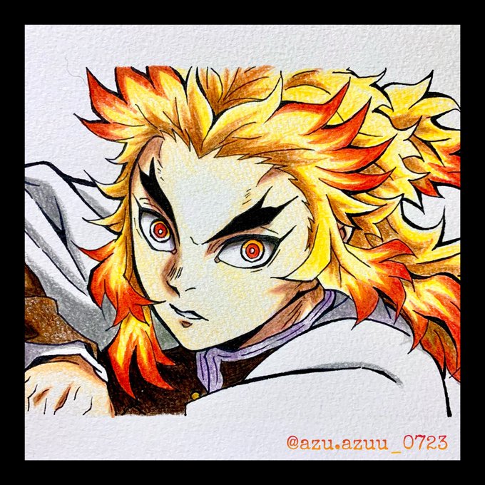 azusaさんがTwitterに投稿した煉獄杏寿郎(鬼滅の刃)のイラスト。