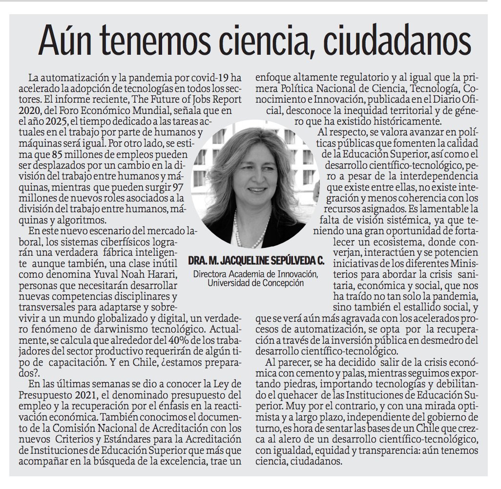 JackieUdeC's tweet image. Optar por una recuperación a través de la inversión pública en desmedro del desarrollo científico-tecnológico para salir de la crisis económica con cemento y palas, solo permite seguir exportando piedras, importando tecnologías y debilitando el quehacer de las IES. Vía @elsurcl