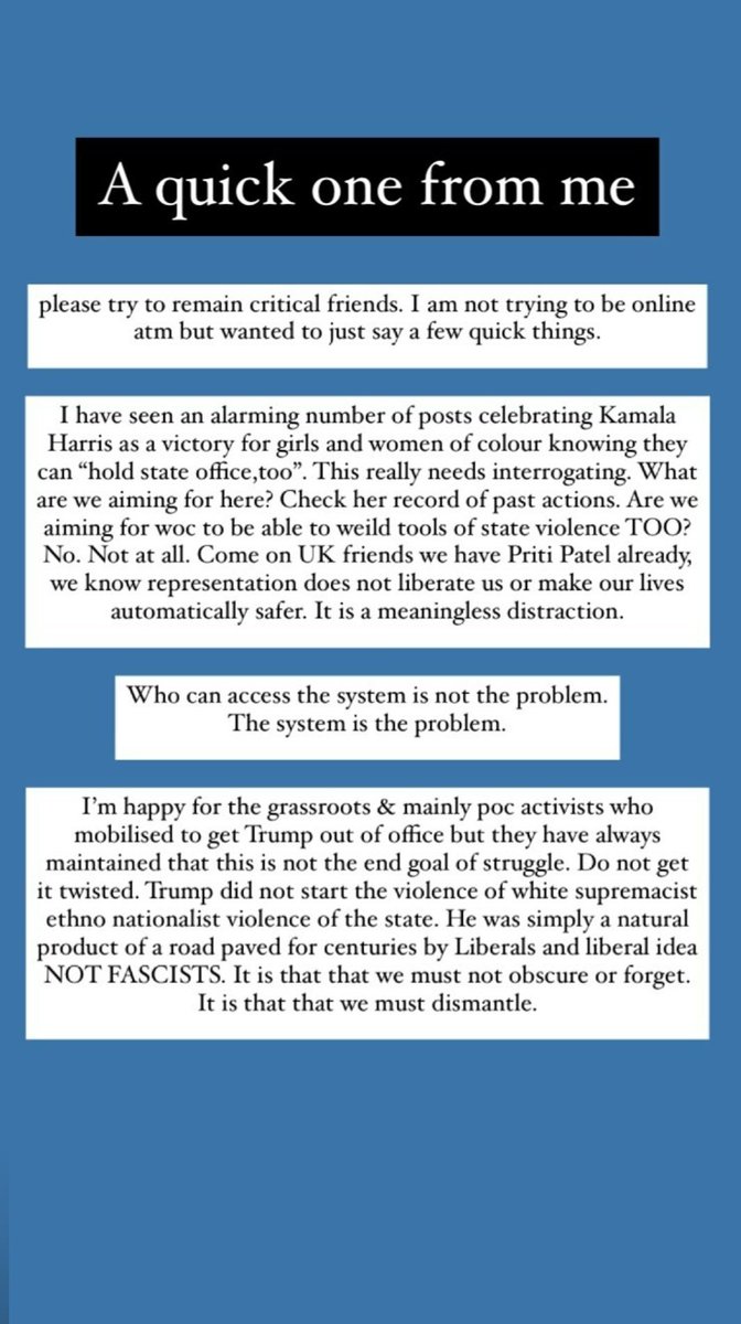 just my 1 cent, copied from my IG because its that type of day, thought worth it for some of my twitter friends too though. Who can access the system is not the problem. The system is the problem. Who is the face of the system is not the problem. The very basis of its working is.