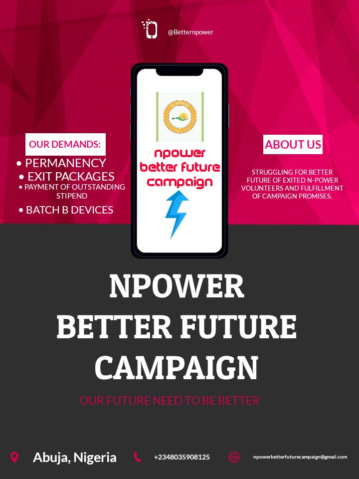 BetterNpower's tweet photo. @NigerianYouthC2 
@npowerite 
@info_npvn 
@Npower_Reps 
@DrAhmadLawan 
@dino_melaye 
@aishambuhari 
@MBuhari 
@Sadiya_farouq 
@FMHDSD 
@akandeoj 
@ProfOsinbajo 
Please don't forget about npower volunteers. They need more support. https://t.co/1E1ltSpan0